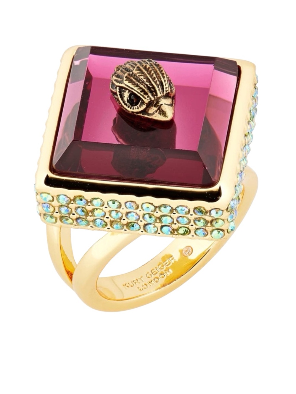 RARE Kurt Geiger Gold-Tone Ring with Deep Pink Square Gem and Crystal Halo